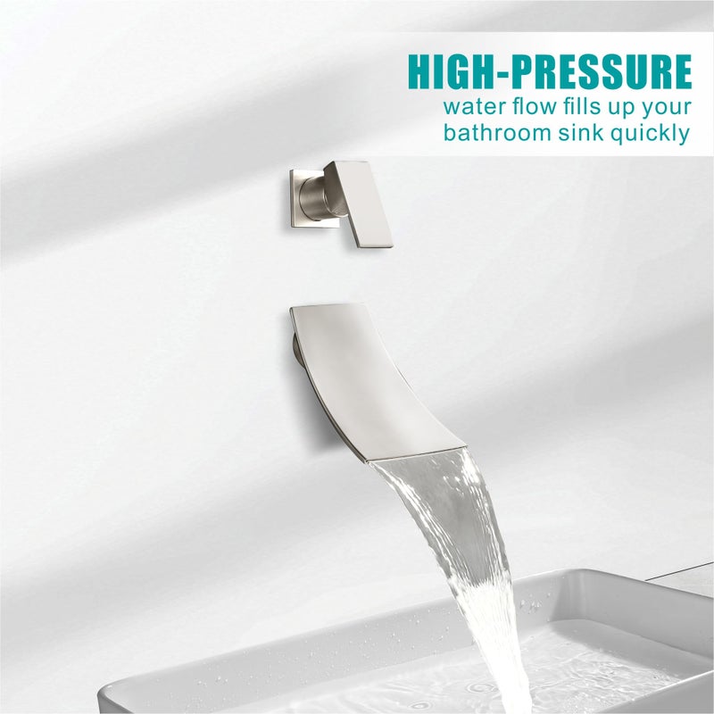 SKOWLL Wall Mount Bathroom Faucet, Brushed Nickel Bathtub Waterfall Sink Faucets, Single Handle Bathroom Lavatory Faucet - Image 3